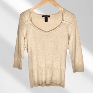 White House Black Market Taupe Gold Sweetheart Neckline 3/4 Sleeve Sweater Top
